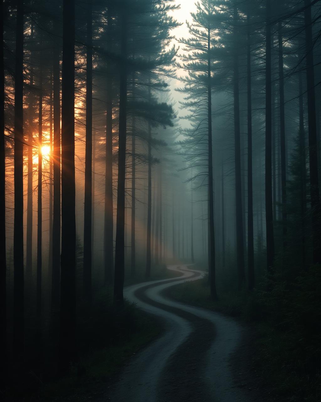 Misty forest path at golden hour